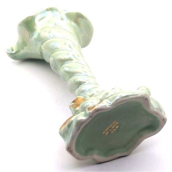 Vintage Warranted 22K Gold Accent Ceramic Cornucopia Green Iridescent Vase Decor - Picture 6 of 7